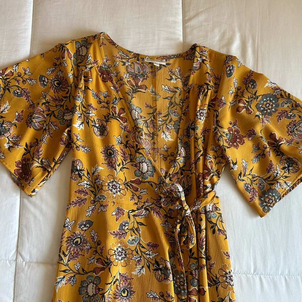Floral Wrap Dress in Mustard Yellow
